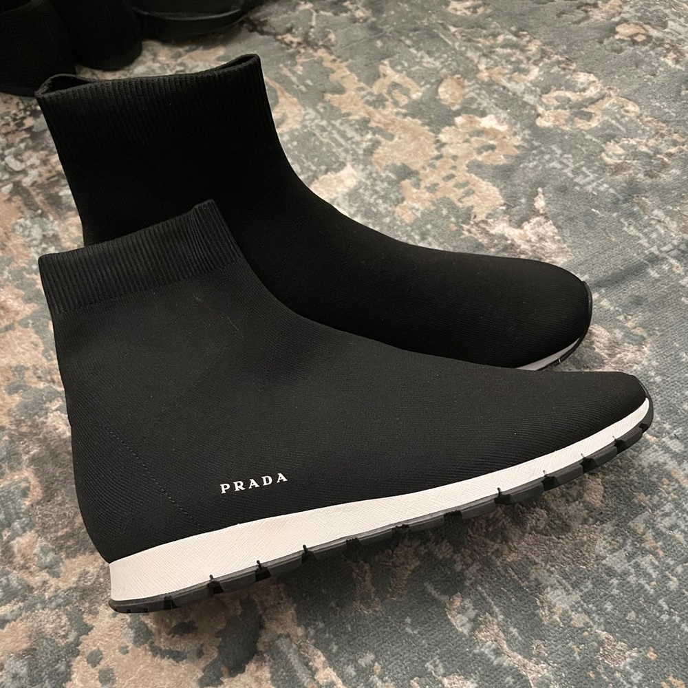 Prada Black Sock Sneakers with White Sole